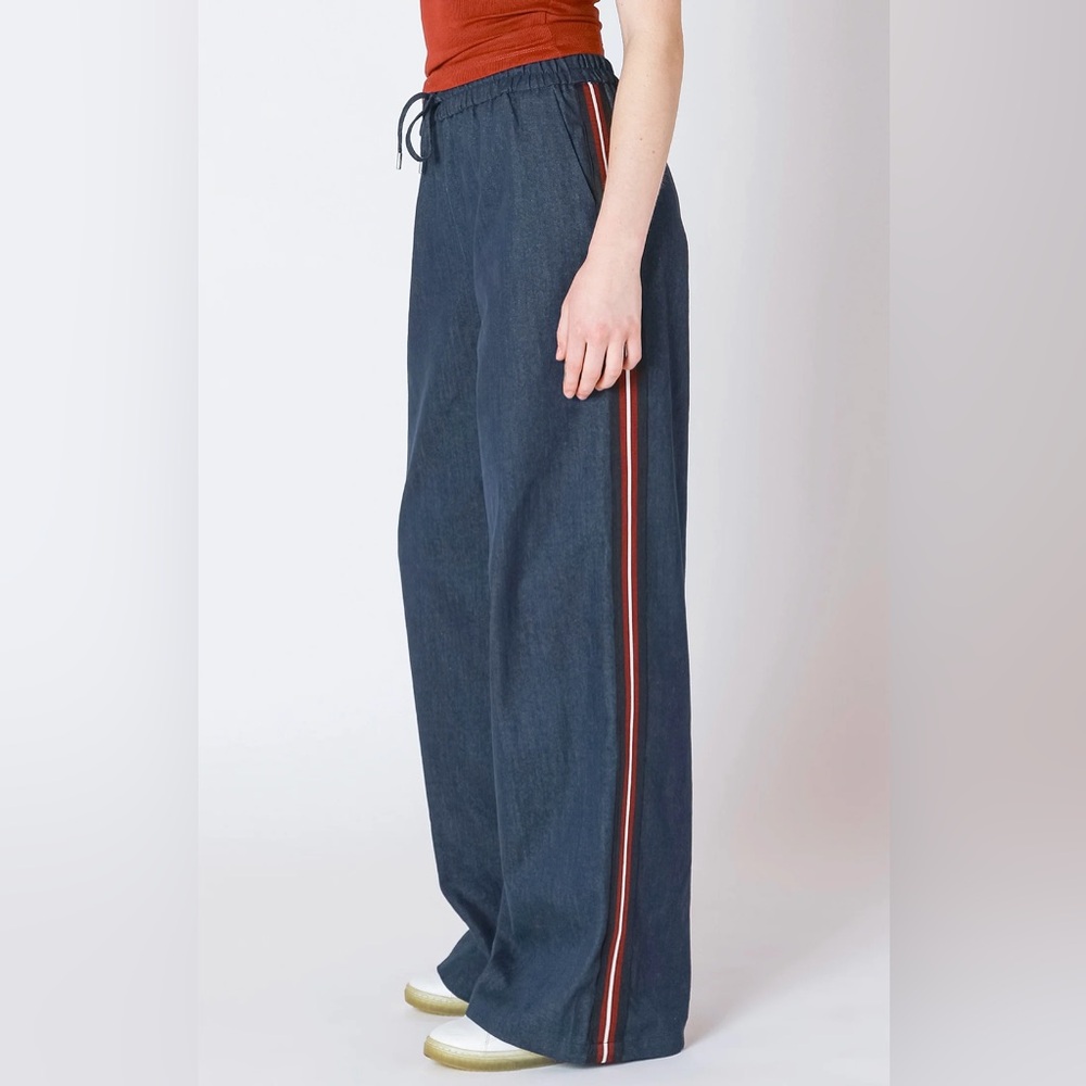 ZARA Blue Denim Wide Leg Drawstring Pull-on Pants w Red Side Stripe - Picture 2 of 9